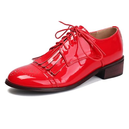Diuniarza Damen Quasten Oxford Schnüren Schuhe Chunky Schuhe Lack Retro Runde Rot Gr 38 EU/39 von Diuniarza