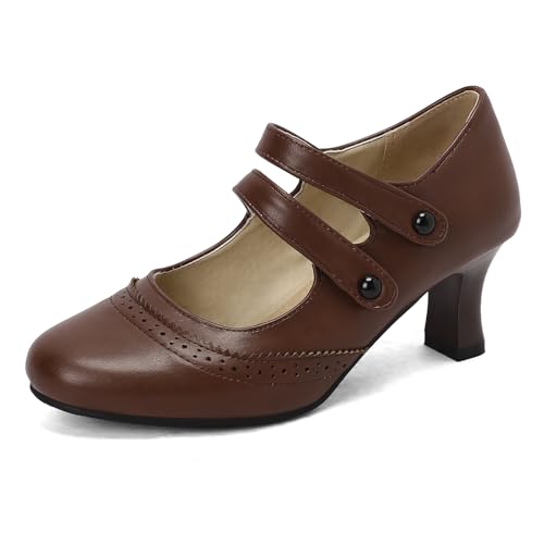 Diuniarza Damen Retro Mary Jane Ankle Starp Block Schuhe Klassische Brogue Pumps Schnalle Mid Arbeit Prom Schuhe Braun Gr 45 EU/47 Asiatisch von Diuniarza