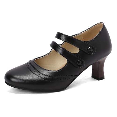 Diuniarza Damen Retro Mary Jane Ankle Starp Block Schuhe Klassische Brogue Pumps Schnalle Mid Arbeit Prom Schuhe Schwarz Gr 38 EU/39 Asiatisch von Diuniarza
