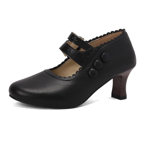 Diuniarza Damen Retro Mary Jane Ankle Starp Block Schuhe Klassische Brogue Pumps Schnalle Mid Arbeit Prom Schuhe Schwarz Gr 42 EU/44 Asiatisch von Diuniarza