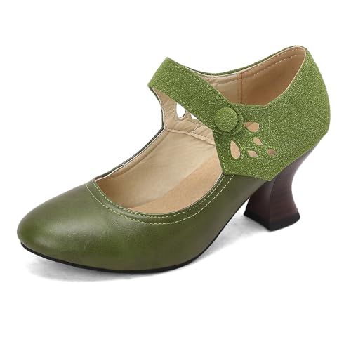 Diuniarza Damen Retro Mary Jane Brogue Mitte Blockabsatz Geschlossen Dancing Pump Party Arbeit Abendschuhe Grün Gr 38 EU/39 von Diuniarza