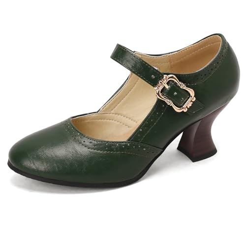 Diuniarza Damen Retro Mary Jane Brogue Mitte Blockabsatz Geschlossen Dancing Pump Party Arbeit Abendschuhe Grün Gr 44 EU/46 von Diuniarza