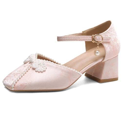 Diuniarza Damen Retro Pump Party Strap Sandals Retro Elegant Knöchelriemchen Bogen Blockabsatz Pink Gr 47 EU/49 von Diuniarza