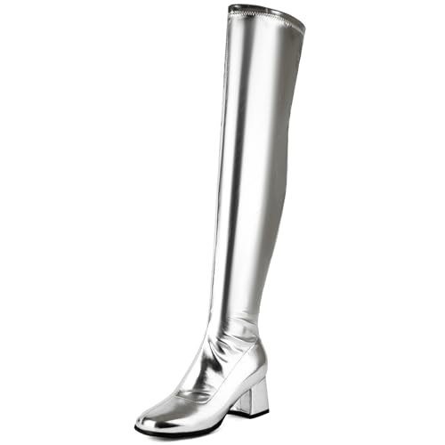 Diuniarza Damen Runde Zehen Overknees Mode Block Stiefel Zip Party Riding Mitte Absatz Thigh High Silber Gr 40 EU/41 Asiatisch von Diuniarza