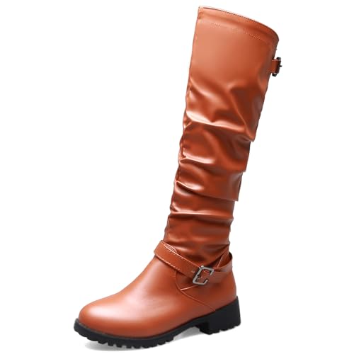 Diuniarza Damen Runde Zehen Riding Reitstiefel Komfort Niedrige Absatz Skidproof Knee High Overknees Stiefel Chunky Stiefel Braun Gr 37 EU/38 Asiatisch von Diuniarza