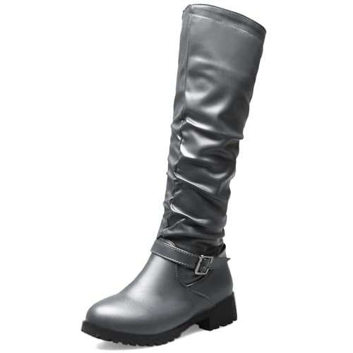 Diuniarza Damen Runde Zehen Riding Reitstiefel Komfort Niedrige Absatz Skidproof Knee High Overknees Stiefel Chunky Stiefel Grau Gr 42 EU/44 Asiatisch von Diuniarza