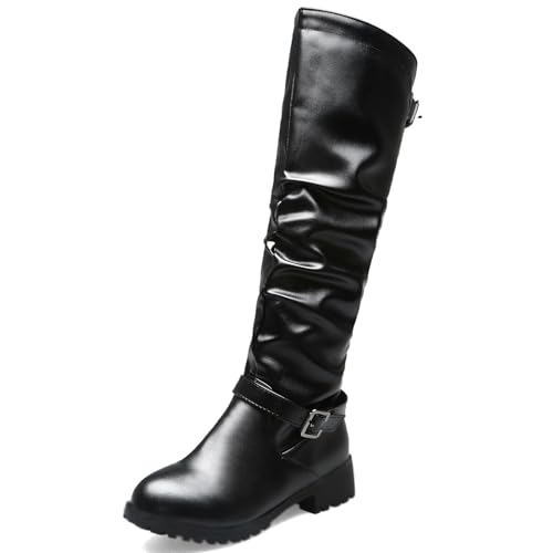 Diuniarza Damen Runde Zehen Riding Reitstiefel Komfort Niedrige Absatz Skidproof Knee High Overknees Stiefel Chunky Stiefel Schwarz Gr 36.5 EU/37 Asiatisch von Diuniarza