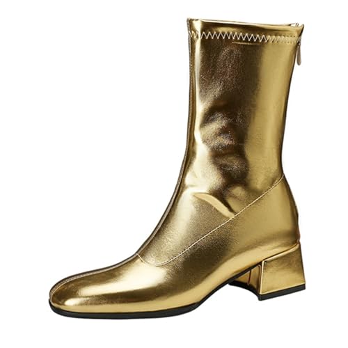 Diuniarza Damen Runde Zehen Warm Stiefeletten Party Elegant Block Stiefel Stiefeletten Chelsea Stiefel Reißverschluss Warm Party Abend Stiefeletten Gold Gr 33 EU von Diuniarza