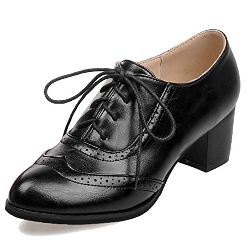 Diuniarza Damen Schnüren Block Schuhe Oxford Brogue Schuhe Lack Leder Runde Zehen Schwarz Gr 38 EU/39 von Diuniarza