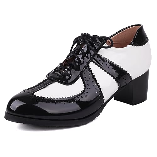 Diuniarza Damen Schnüren Block Schuhe Oxford Brogue Schuhe Lack Leder Runde Zehen Schwarz Gr 39 EU/40 von Diuniarza
