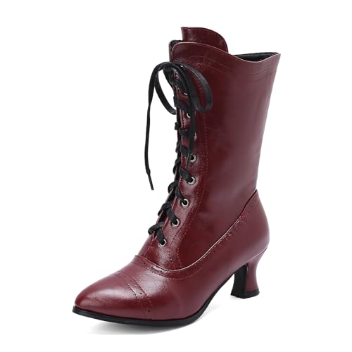 Diuniarza Damen Schnüren Halbschaft Stiefel Pointed Toe Kitten Stiefel Mitte Absatz Halbschaft Motorradstiefel Leisure Retro Buro Rot Gr 46 EU/48 von Diuniarza