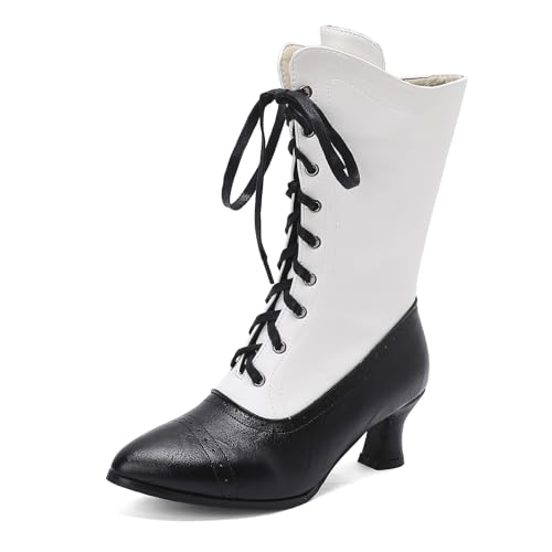 Diuniarza Damen Schnüren Halbschaft Stiefel Pointed Toe Kitten Stiefel Mitte Absatz Halbschaft Motorradstiefel Leisure Retro Buro Schwarz-Weiß Gr 41 EU/43 von Diuniarza