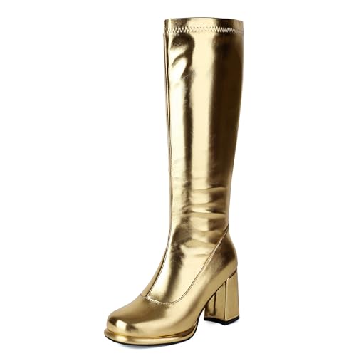 Diuniarza Damen Square Toe Knee High Mode Stiefel Blockabsatz Mode Overknees Stiefel Damen Mittelhohe Stiefel Party Gold Gr 36 EU von Diuniarza
