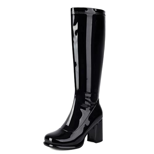 Diuniarza Damen Square Toe Knee High Mode Stiefel Blockabsatz Mode Overknees Stiefel Damen Mittelhohe Stiefel Party Schwarz Gr 32 EU von Diuniarza