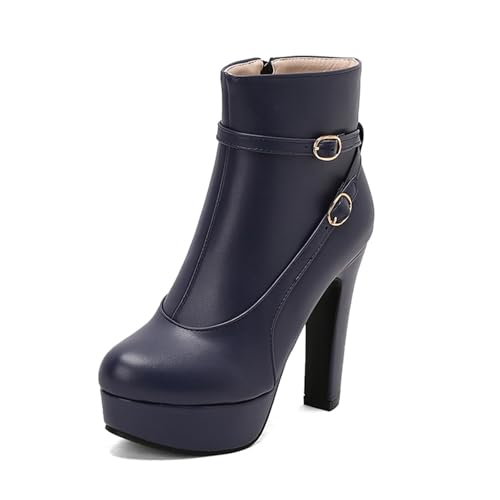 Diuniarza Damen Stiefeletten Runde Zehen Plateau Höhe Ferse Elegant Porm Party Kurzschaft Stiefel Mode Anzugstiefel Blau Gr 37 EU/38 von Diuniarza