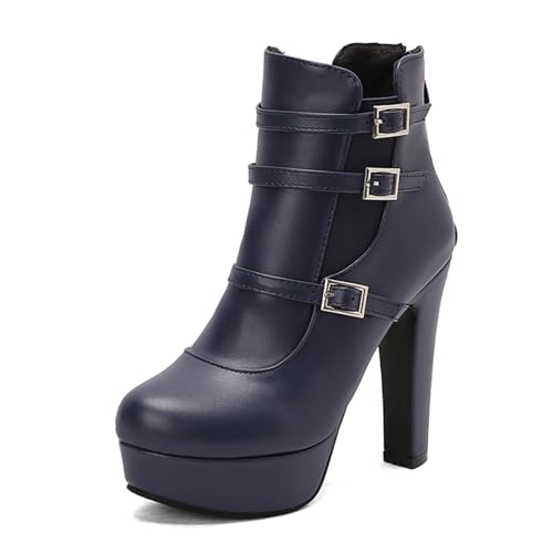 Diuniarza Damen Stiefeletten Runde Zehen Plateau Höhe Ferse Elegant Porm Party Kurzschaft Stiefel Mode Anzugstiefel Blau Gr 46 EU/48 von Diuniarza