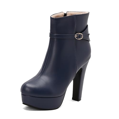 Diuniarza Damen Stiefeletten Runde Zehen Plateau Höhe Ferse Elegant Porm Party Kurzschaft Stiefel Mode Anzugstiefel Blau Gr 48 EU/50 von Diuniarza