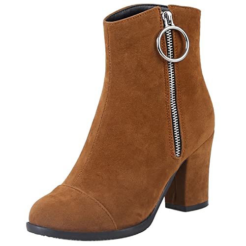 Diuniarza Damen Stiefeletten mit Blockabsatz, Anzugstiefel Leisure Zip Kurzschaft Stiefel Höhe Ferse Runde Zehen Stiefeletten, 6614Csq Camel Gr 32 EU von Diuniarza