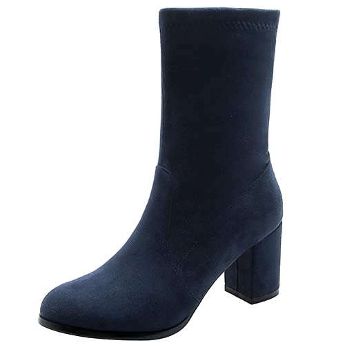 Diuniarza Damen Stiefeletten mit Blockabsatz, Stretch Stiefel Leisure Ohne Verschluss Kurzschaft Stiefel Höhe Ferse Runde Zehen, 1026Xce Blau/Rl Gr 38 EU von Diuniarza