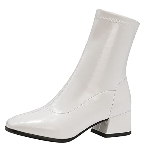 Diuniarza Damen Stiefeletten mit Blockabsatz, Stretch Stiefel Mode Ohne Verschluss Kurzschaft Stiefel Mitte Absatz Square Toe, 797Vyi Weiß Gr 37 EU von Diuniarza