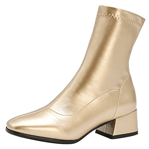 Diuniarza Damen Stiefeletten mit Blockabsatz, Stretch Stiefel Mode Ohne Verschluss Kurzschaft Stiefel Mitte Absatz Square Toe, 824Pyv Gold Gr 40 EU von Diuniarza