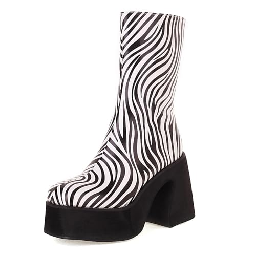 Diuniarza Damen Stiefeletten mit Blockabsatz Runde Zehen Partystiefeletten Höhe Ferse Kurzschaft Stiefel Zip mit Plateau Boots, 3675Kob Zebra Gr 40 EU von Diuniarza