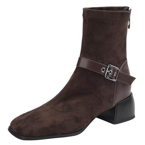 Diuniarza Damen Stiefeletten mit Blockabsatz Square Toe Stretch Stiefel Mitte Absatz Kurzschaft Stiefel Zip, 4731Fmi Braun Gr 43 EU von Diuniarza