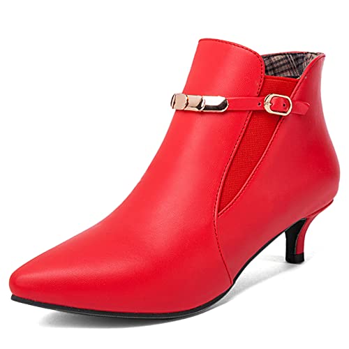 Diuniarza Damen Stiefeletten mit Mittlerem Absatz, Kleid Stiefeletten Kitten Heel Ohne Verschluss Pointed Toe Stiefeletten Leisure, 13404Wnj Rot Gr 38 EU von Diuniarza