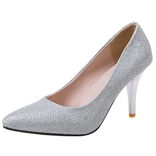 Diuniarza Damen Stiletto-Pump Pointed Toe Einfache Pump Ohne Verschluss Party-Schuhe mit Hohem Absatz Glitzer, 13496Nuw Silber Gr 35 EU von Diuniarza