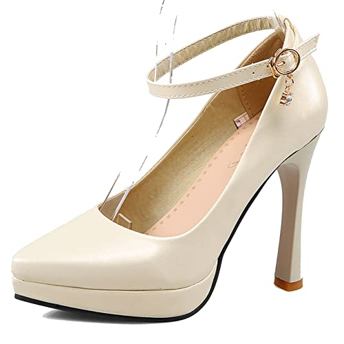 Diuniarza Damen Stiletto-Pump Pointed Toe Modische Pump Schnalle Abendschuhe mit Hohem Absatz mit Plateau Knöchelriemchen, 219Qwl Beige Gr 33 EU von Diuniarza
