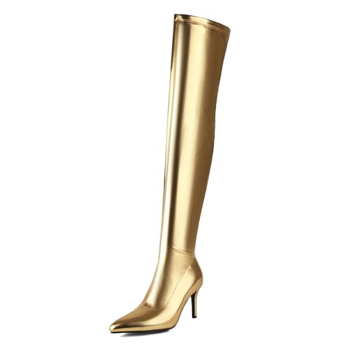Diuniarza Damen Stilettos Overknee Stiefel Zip Pointed Toe Elegant Long Boot Party Abendstiefel Warm Thigh High Mode Gold Gr 43 EU/45 Asiatisch von Diuniarza