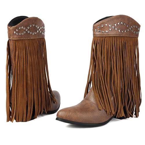 Diuniarza Damen Western Fransen Stiefel Ohne Verschluss Kurzschaft Stiefel Ohne Verschluss Pointed Toe Weit Calf Stiefel Draußen Leisure Braun Gr 38 EU/39 von Diuniarza