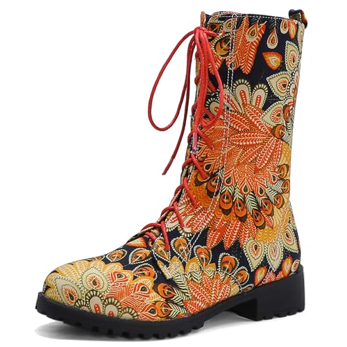 Diuniarza Damen Wildleder Kampfstiefel Schnüren Biker Block Stiefel Leisure Draußen Stiefel Niedrige Absatz Denim Stiefeletten Gelb Gr 42 EU/44 Asiatisch von Diuniarza