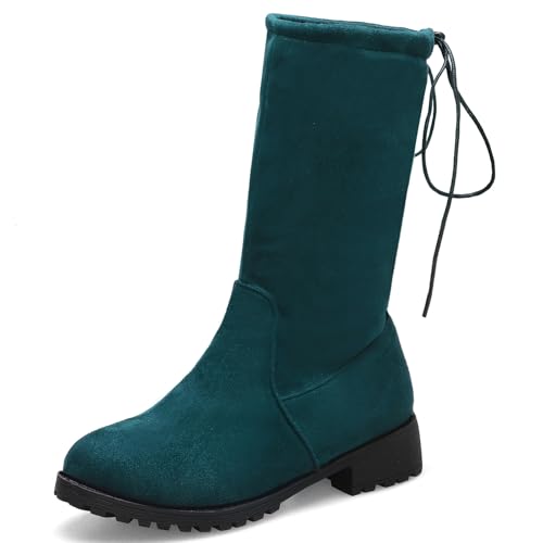 Diuniarza Damen Wildleder Kampfstiefel Schnüren Biker Block Stiefel Leisure Draußen Stiefel Niedrige Absatz Denim Stiefeletten Grün Gr 42 EU/44 Asiatisch von Diuniarza