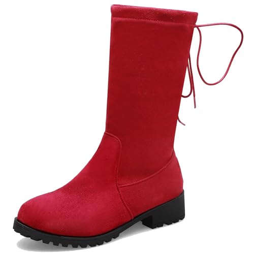 Diuniarza Damen Wildleder Kampfstiefel Schnüren Biker Block Stiefel Leisure Draußen Stiefel Niedrige Absatz Denim Stiefeletten Rot Gr 39 EU/40 Asiatisch von Diuniarza