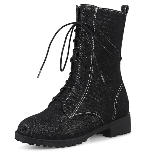 Diuniarza Damen Wildleder Kampfstiefel Schnüren Biker Block Stiefel Leisure Draußen Stiefel Niedrige Absatz Denim Stiefeletten Schwarz Gr 33 EU von Diuniarza