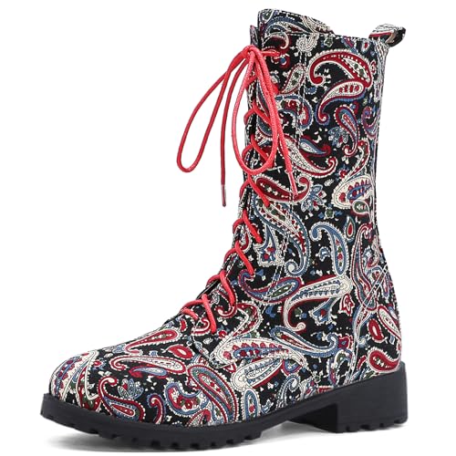 Diuniarza Damen Wildleder Kampfstiefel Schnüren Biker Block Stiefel Leisure Draußen Stiefel Niedrige Absatz Denim Stiefeletten Schwarz Gr 40 EU/41 Asiatisch von Diuniarza