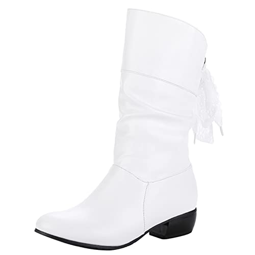 Diuniarza Damenstiefel mit Mittlerem Absatz Und Mittlerer Wade, Lockere Stiefel Blockabsatz Ohne Verschluss Runde Zehen Boots Simple Bogen, 23103Ivk Weiß/Hm Gr 37 EU von Diuniarza