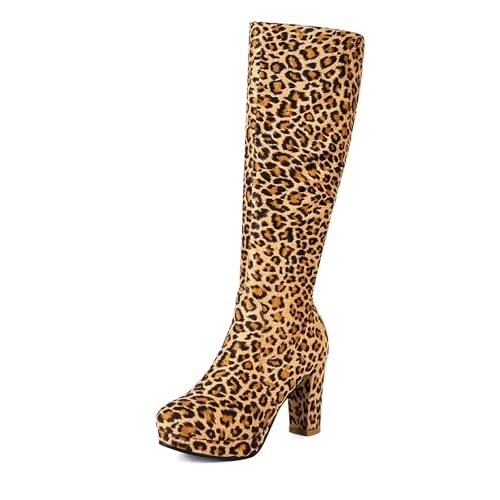 Diuniarza Flatform Kniehohe Stiefel Damen Leopard Höhe Ferse Wildleder Party Long Stiefeletten Print Elegant Leopard Gr 40.5 EU/42 von Diuniarza
