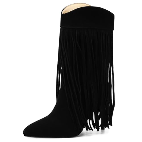 Diuniarza Fransen Stiefel Stilettos Damen Wildleder Pointed Toe Höhe Ferse Ohne Verschluss Mode Anzugstiefel Retro Weit Calf Quasten Schwarz Gr 40 EU/41 Asiatisch Diuniarza Fransen Stiefel Stilettos Damen Wildleder Pointed Toe Höhe Ferse Ohne Verschluss Mode Anzugstiefel Retro Weit Calf Quasten Schwarz Gr 40 EU/41 Asiatisch von Diuniarza