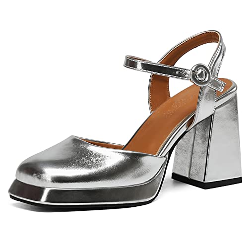 Diuniarza Geschlossen Chunky Sandalen Damen Slingback-Sandales Party Bride Schuhe Sommer Elegant Prom Sandals Silber Gr 36 EU von Diuniarza