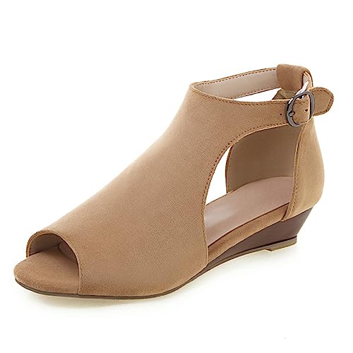 Diuniarza Gladiator Keilabsatz Sandalen Peep Toe Damensandalen T-Spange Stylish Wildleder Offene Zeh Knöchelriemchen Mitte Absatz Beige Gr 39 EU/40 Asiatisch von Diuniarza