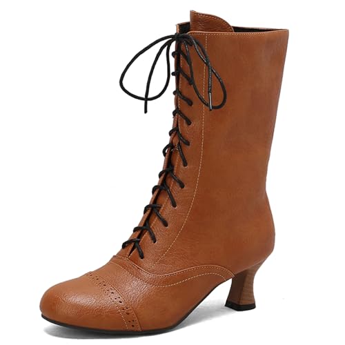 Diuniarza Halbschaft Kitten Stiefel Damen Schnürstiefel Mitte Absatz Runde Zehen Leisure Mode Klassische Buro Gelb Gr 39 EU/40 von Diuniarza