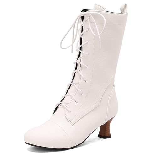 Diuniarza Halbschaft Kitten Stiefel Damen Schnürstiefel Mitte Absatz Runde Zehen Leisure Mode Klassische Buro Weiß Gr 46 EU/48 von Diuniarza