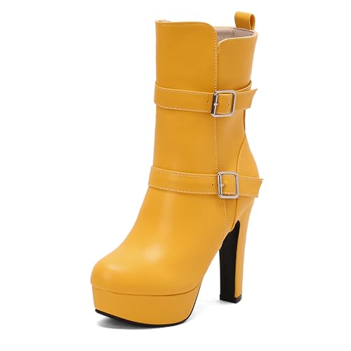 Diuniarza Halbschaft Stiefeletten Damen Elegant Plateau Stiefel Runde Zehen Schnalle Stiefeletten Mode Kleid Gelb Gr 34 EU von Diuniarza