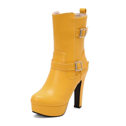 Diuniarza Halbschaft Stiefeletten Damen Elegant Plateau Stiefel Runde Zehen Schnalle Stiefeletten Mode Kleid Gelb Gr 39 EU/40 von Diuniarza