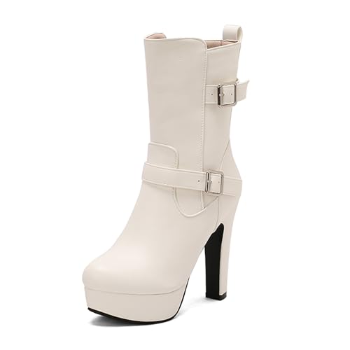 Diuniarza Halbschaft Stiefeletten Damen Elegant Plateau Stiefel Runde Zehen Schnalle Stiefeletten Mode Kleid Weiß Gr 46 EU/48 von Diuniarza