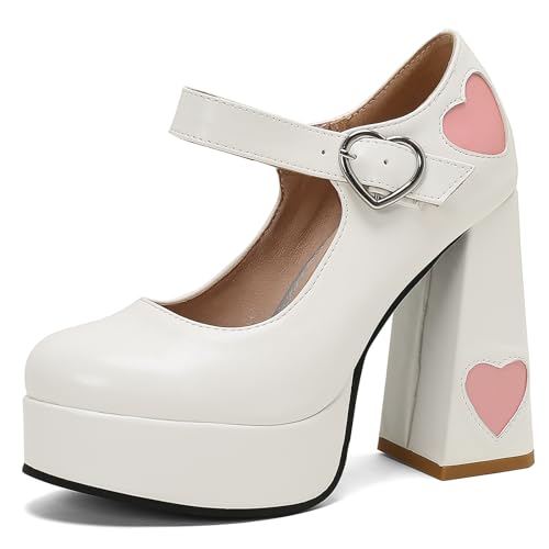 Diuniarza High Blockabsatz Mary Jane Plateau Runde Zehen Damen Schuhe Sweet Girl Abendschuhe Knöchelriemchen Elegant Sommer Weiß Gr 37 EU/38 Asiatisch von Diuniarza