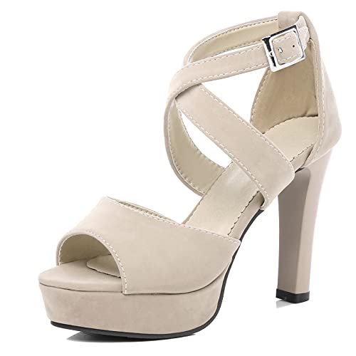 Diuniarza High Blockabsatz Plateau Offene Zeh Damensandalen Cross Strap Peep Toe Knöchelriemchen Sommer Party Schuhe Aprikose Gr 32 EU von Diuniarza