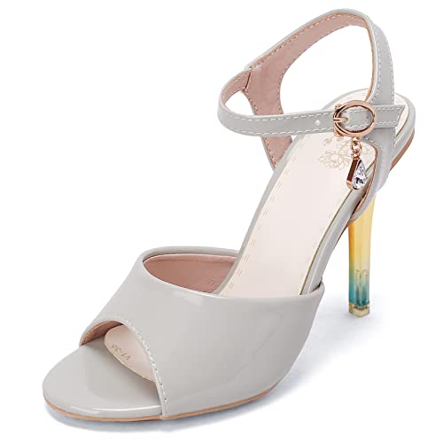 Diuniarza Hochzeit High Stilettos Peep Toe Damensandalen Knöchelriemchen Slingback Offene Zeh Party Schuhe Elegant Grau Gr 32 EU von Diuniarza